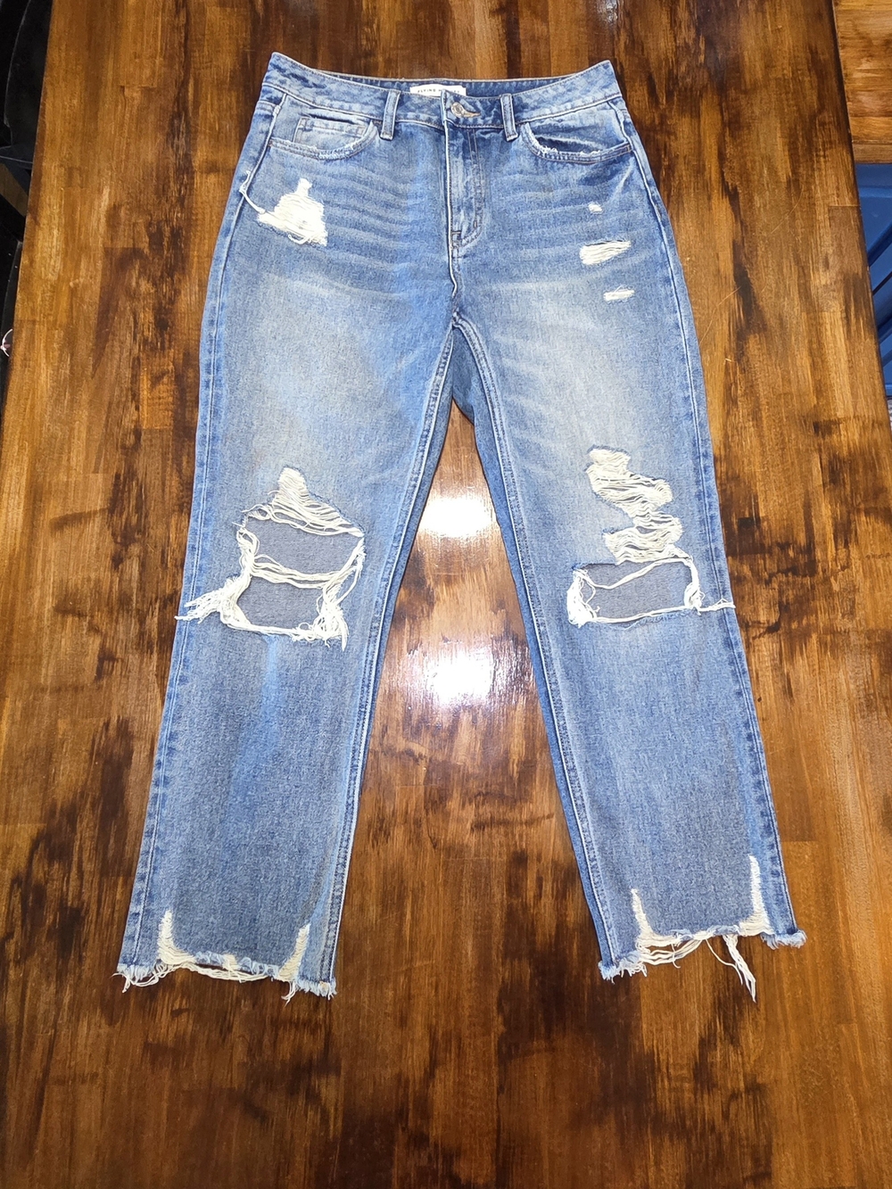 Flying Monkey, Super High Rise Straight Jeans, Medium Blue 27 Distressed Clean
